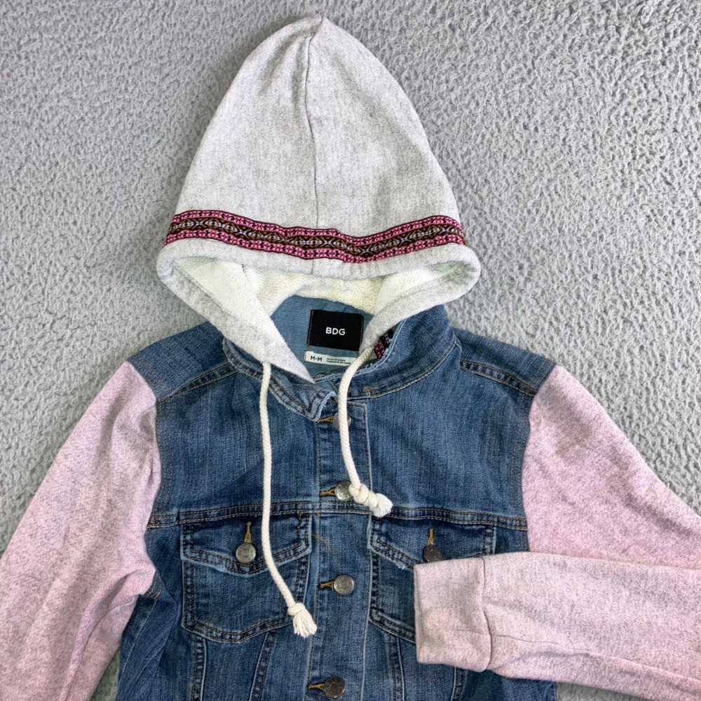 BDG Urban Outfitters Denim Jacket Women Medium Hooded Mixed Media Pink Sleeves